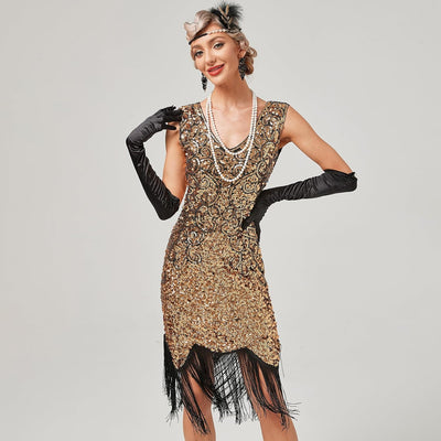 FYMNSI Damen 1920er Jahre V-Ausschnitt Pailletten Fransen Kleid Flapper Charleston Kleider Cocktailk
