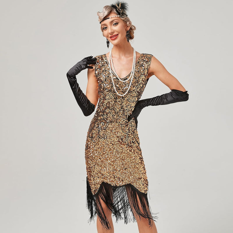 FYMNSI Damen 1920er Jahre V-Ausschnitt Pailletten Fransen Kleid Flapper Charleston Kleider Cocktailk