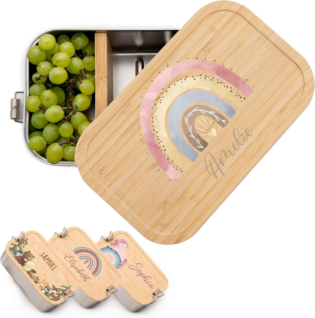 Kidsmood - Personalisierte Brotdose Kinder mit Fächern – Edelstahl Snackbox mit Fächern für Schule &