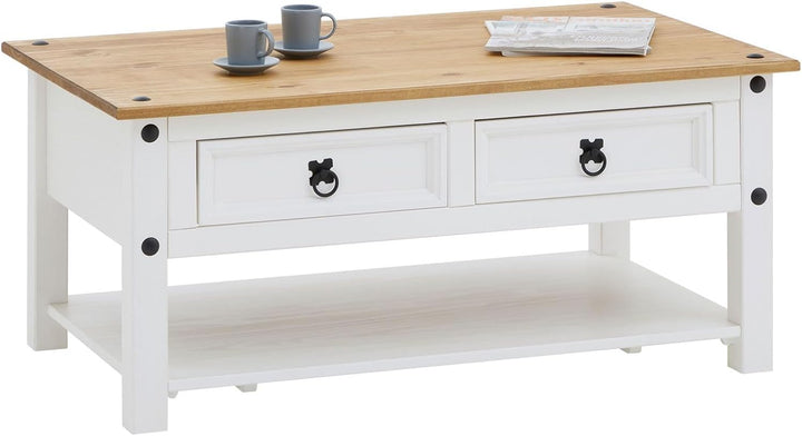 CARO-Möbel Couchtisch Campo im Mexiko-Stil Wohnzimmertisch Beistelltisch Kiefer massiv, braun/weiss
