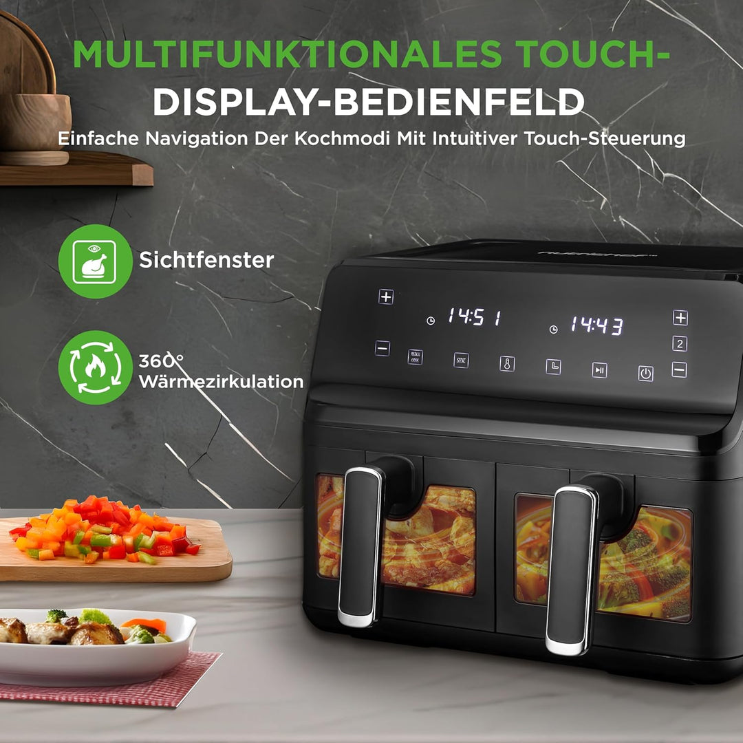 NutriChef Heissluftfritteuse 8L Doppelt – Airfryer mit 2 Fächern, Sichtfenster & 9 Programmen, max.