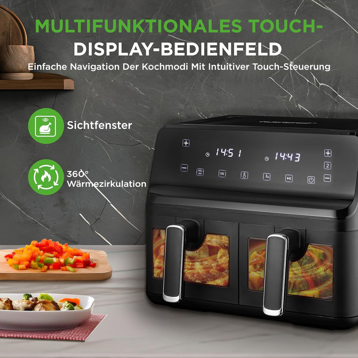 NutriChef Heissluftfritteuse 8L Doppelt – Airfryer mit 2 Fächern, Sichtfenster & 9 Programmen, max.