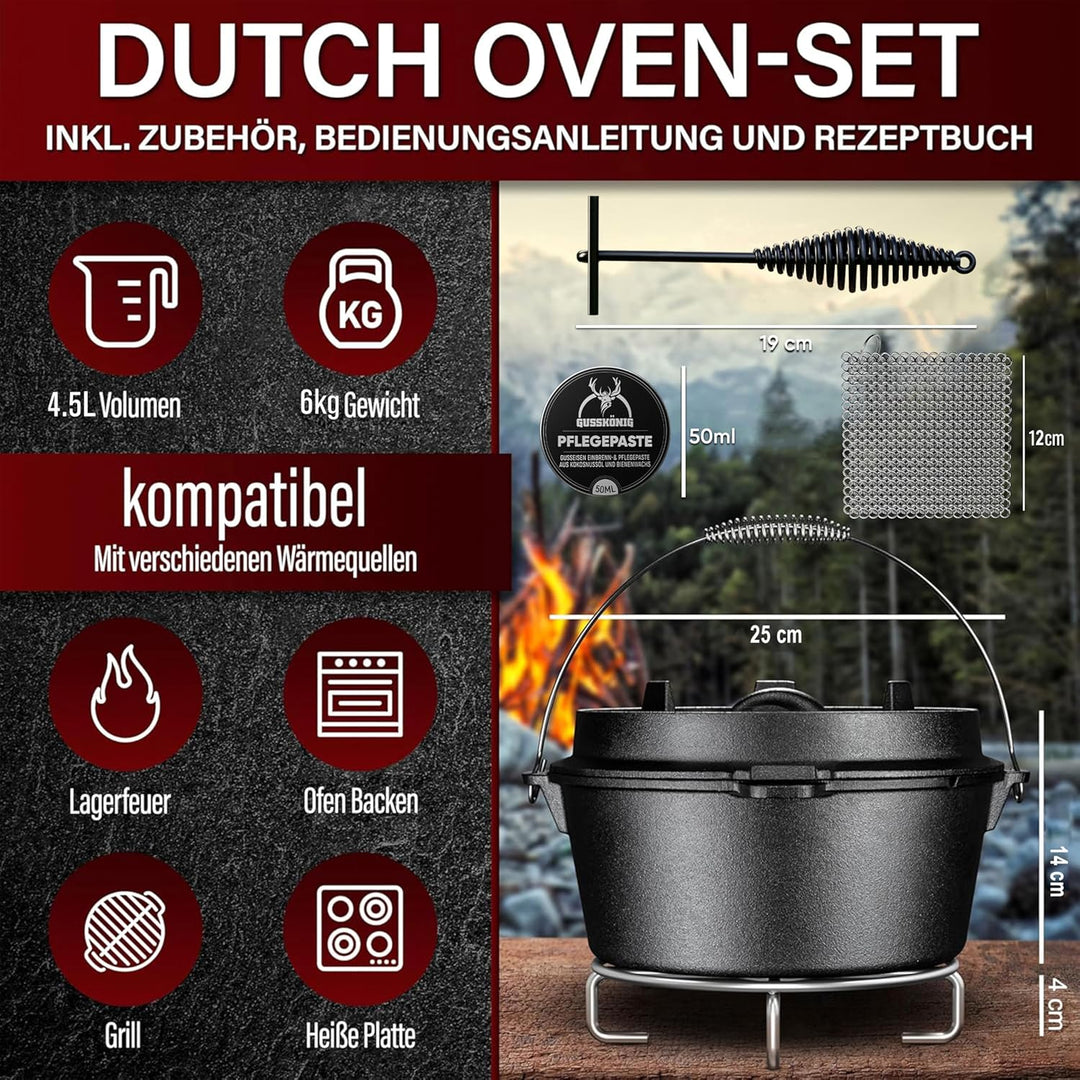 GUSSKÖNIG Dutch Oven Set [4,5L] - Eingebrannter Feuertopf mit praktischem Deckelheber und Edelstahl
