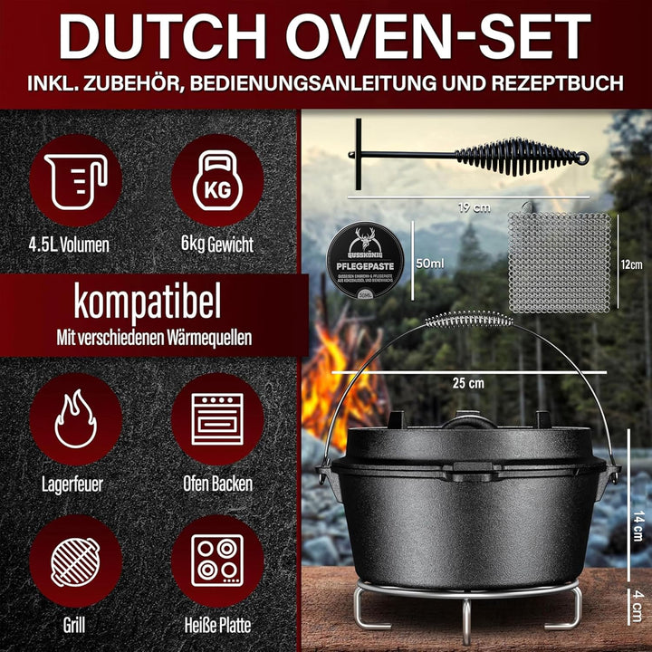 GUSSKÖNIG Dutch Oven Set [4,5L] - Eingebrannter Feuertopf mit praktischem Deckelheber und Edelstahl