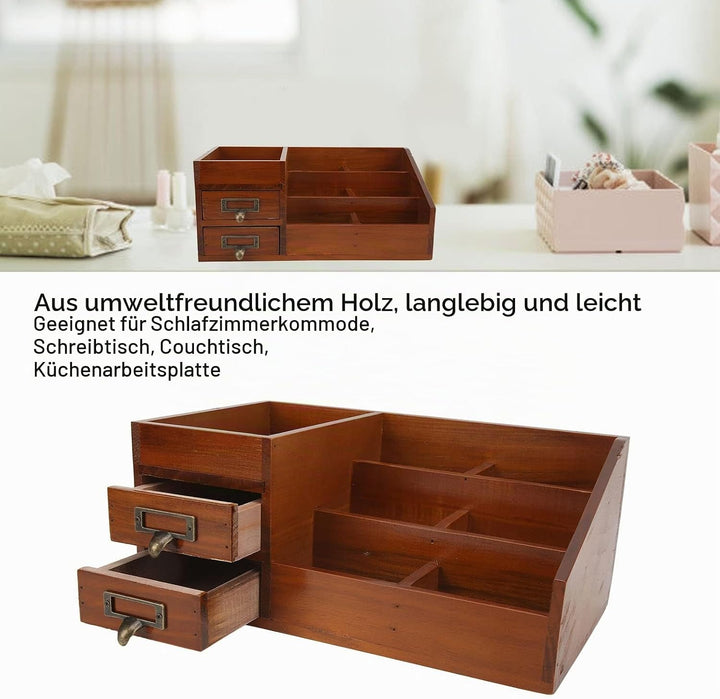 Raguso Schreibtisch Organizer aus Holz, Antik Retro 2 Schubladen Umweltfreundlicher Holz Schubladen