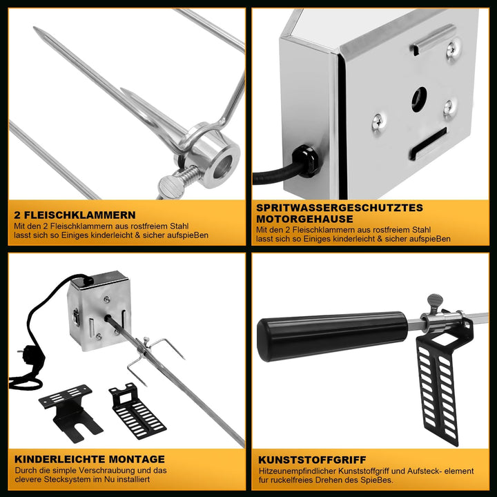 Grillspiess Set, Universal Rotisserie mit 2X Fleischnadeln BBQ Fleischklammer, Griffstück und Edelst