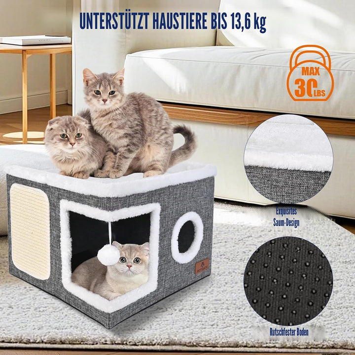 Katzenbetten für Indoor-Katzen, überdachtes Katzenhöhlenbett mit Kratzunterlage und flauschigem Ball