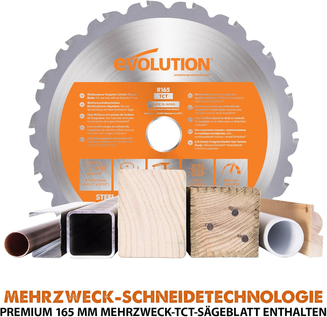 Evolution Power Tools R165CCS Li Akku-Kreissäge mit Mehrzweck-Schneide – 165 mm TCT-Sägeblatt im Lie