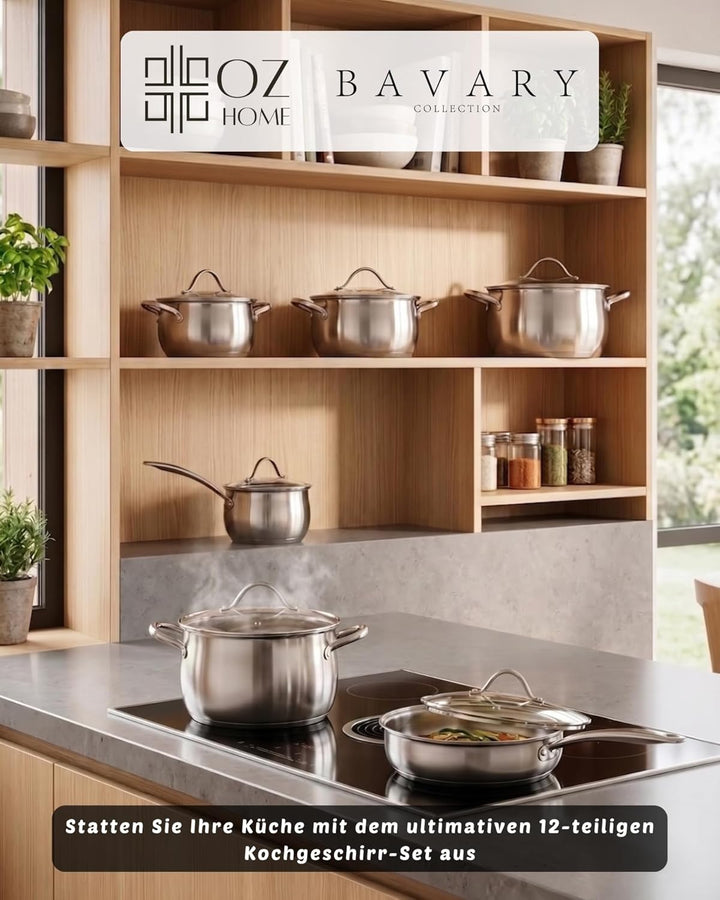 Kochtopfset 12-teilig Induktion Edelstahl 18/10 – BAVARY Apple – Topfset mit Töpfen, Glasdeckeln, St