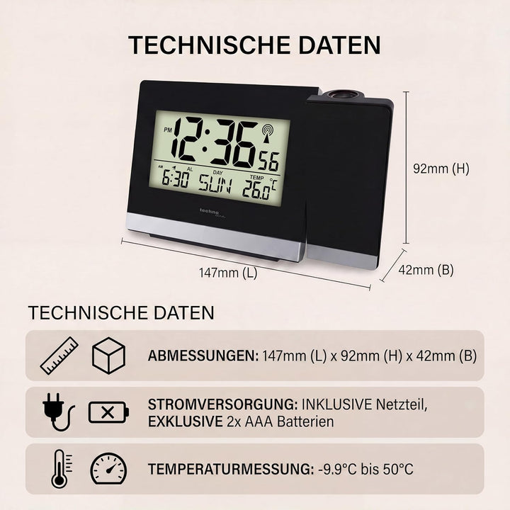 Technoline WT 536 Projektionswecker, Funkuhr, schwarz, 147 x 42 x 92 mm, Schwarz