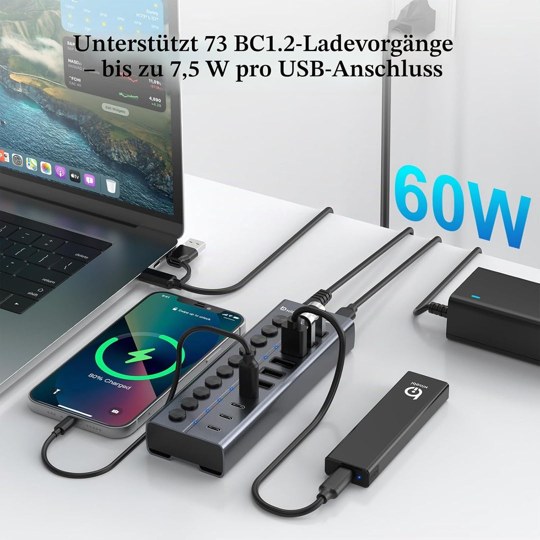 10 Port USB Hub mit Netzteil 60W - 10Gbps USB 3.2 Gen 2 Hub Aktiv aus Aluminium mit 6 USB-A & 4 USB-