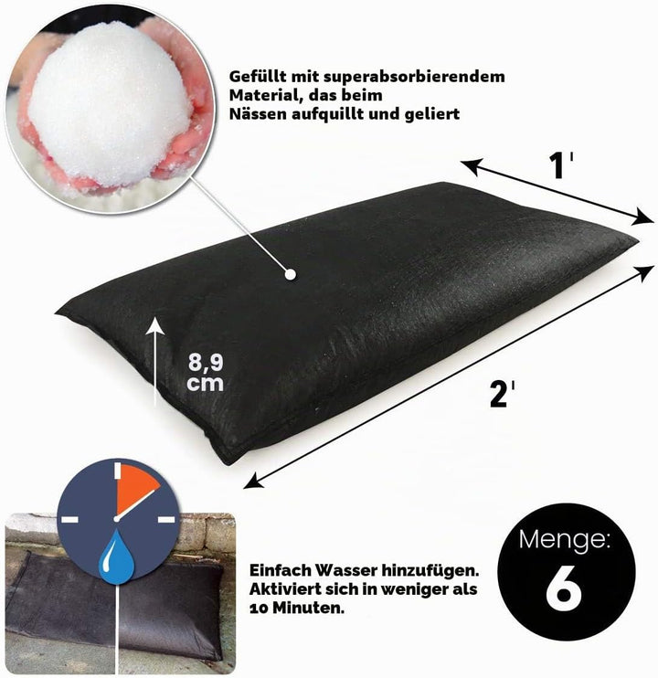 Quick Dam QD1224-6 Wasseraktivierte Hochwasserbeutel, 0,3 m x 0,6 m, 6 Stück, Schwarz, 6 Stück