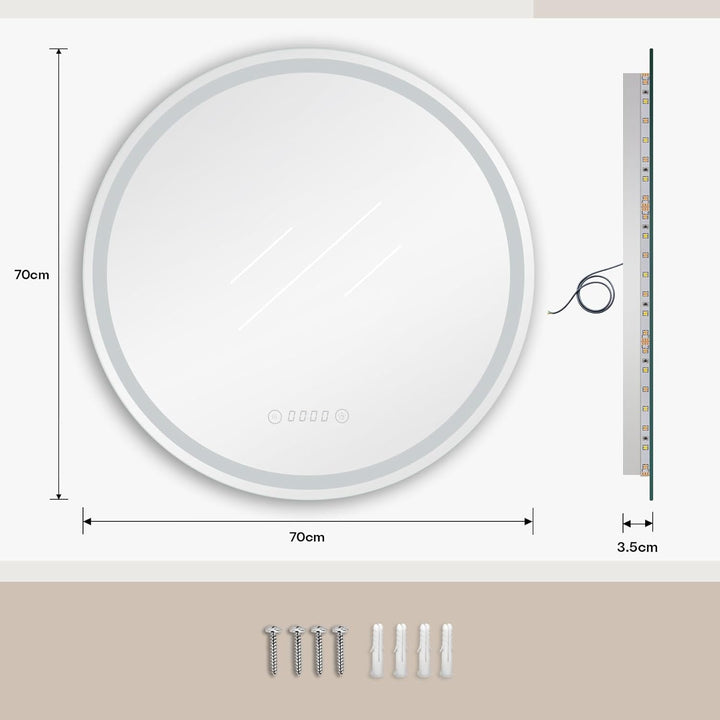 Dripex Badspiegel mit Beleuchtung Rund Led Spiegel mit Uhr und Touch-Schalter, Dimmbar, Beschlagfrei
