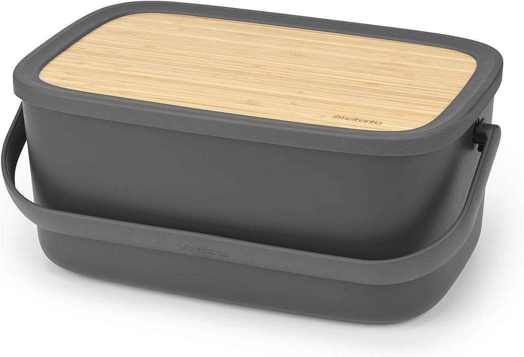Brabantia Grosser Brotkasten mit Servierbrett aus Holz und Griff, Dunkelgrau, Dunkelgrau