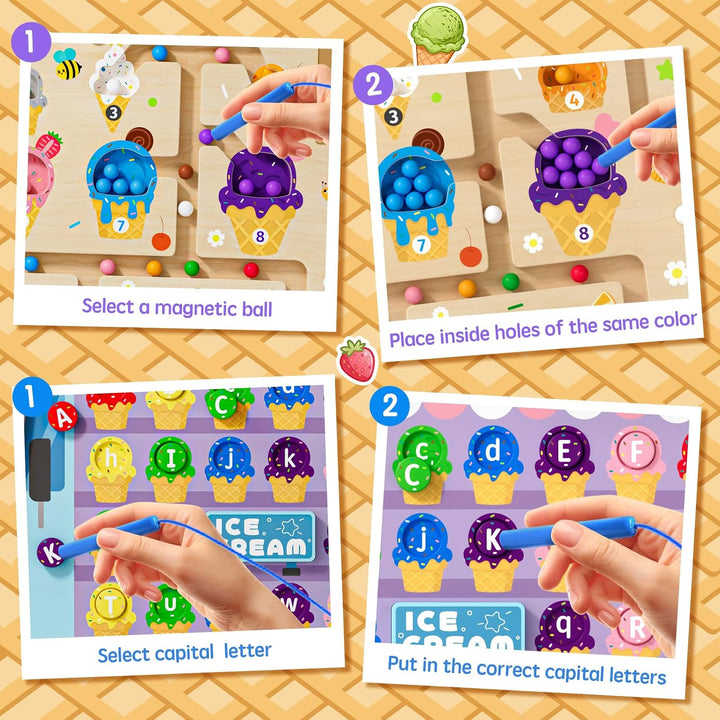 2-in-1 Magnetisches Eiscreme-Zahlen-Labyrinth Holzpuzzle für Kinder