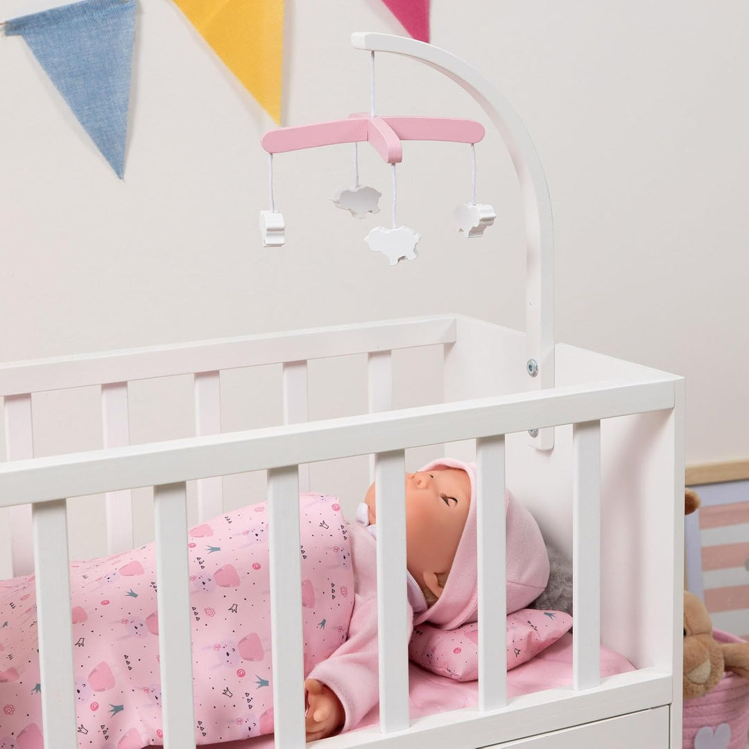 Puppenbett Cozy mit Schrank und Mobile aus Holz (Weiss-Rosa)
