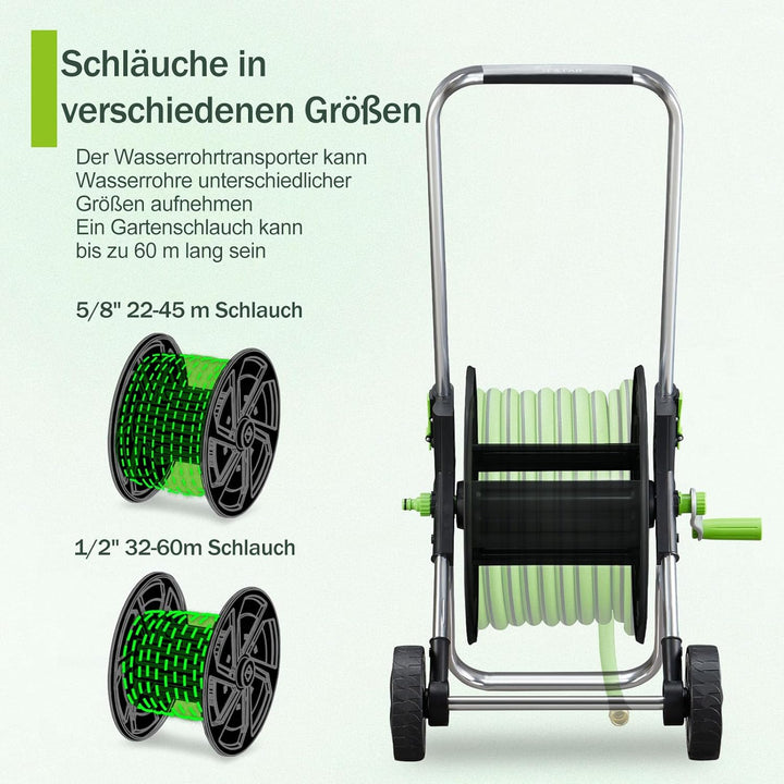 Schlauchwagen Metall, Fahrbare GartenSchlauchtrommel für 32-60m 1/2" Schlauch, mit Rädern, Verstellb