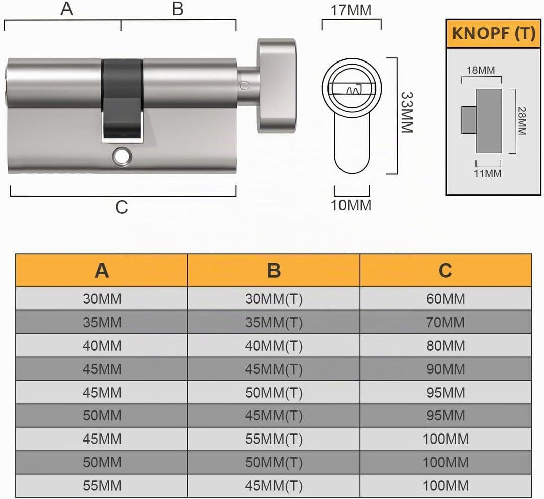 Bwintech 2 Stück 40T/40mm Euro Messingzylinder, 80mm Knauf/Schlüsselzylinderschloss mit 10 horizonta