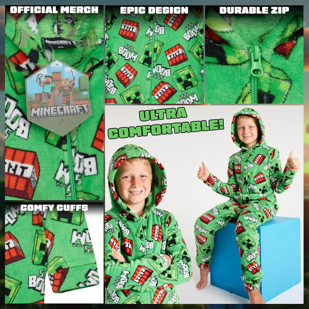Minecraft Onesie Creeper Fleece Jumpsuit Sleepsuit Gamer Geschenk Schlafoverall mit Kapuze für Junge