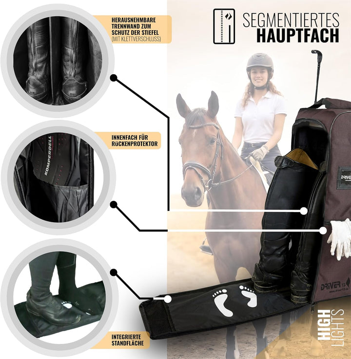 Driver13 Reitstiefelrucksack Reitstiefeltasche Stiefeletten Taschen Deluxe mit Helmfach für Reitstie