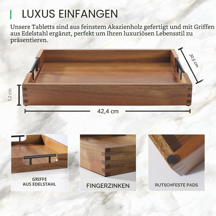 Joy&Grace Ottoman Tablett für Wohnzimmer, grosses Serviertablett aus Akazienholz mit Griffen, Holzta