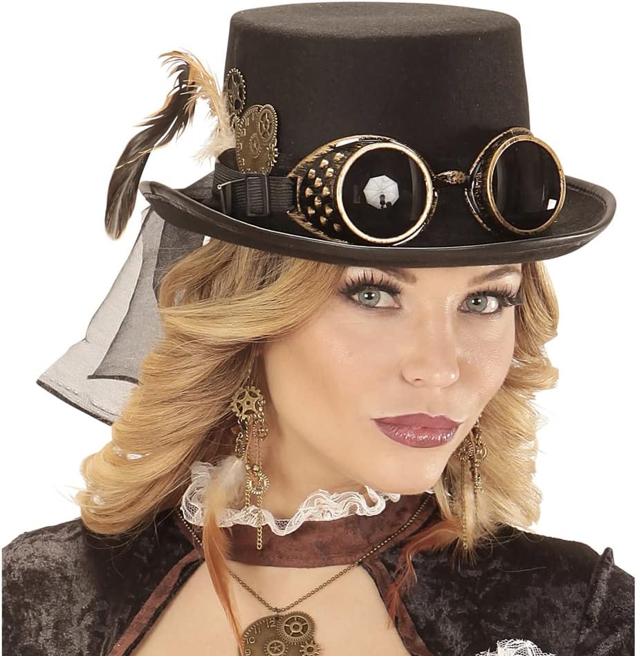WIDMANN Damen Steampunk Zylinder mit Brille und Zahnrad Dekoration (1 Stück) Einheitsgrösse Schwarz,