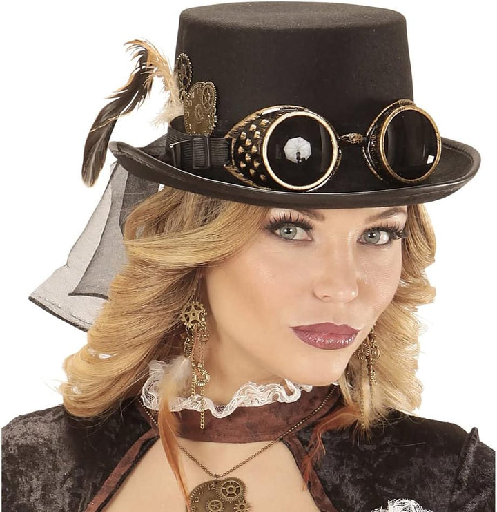 WIDMANN Damen Steampunk Zylinder mit Brille und Zahnrad Dekoration (1 Stück) Einheitsgrösse Schwarz,