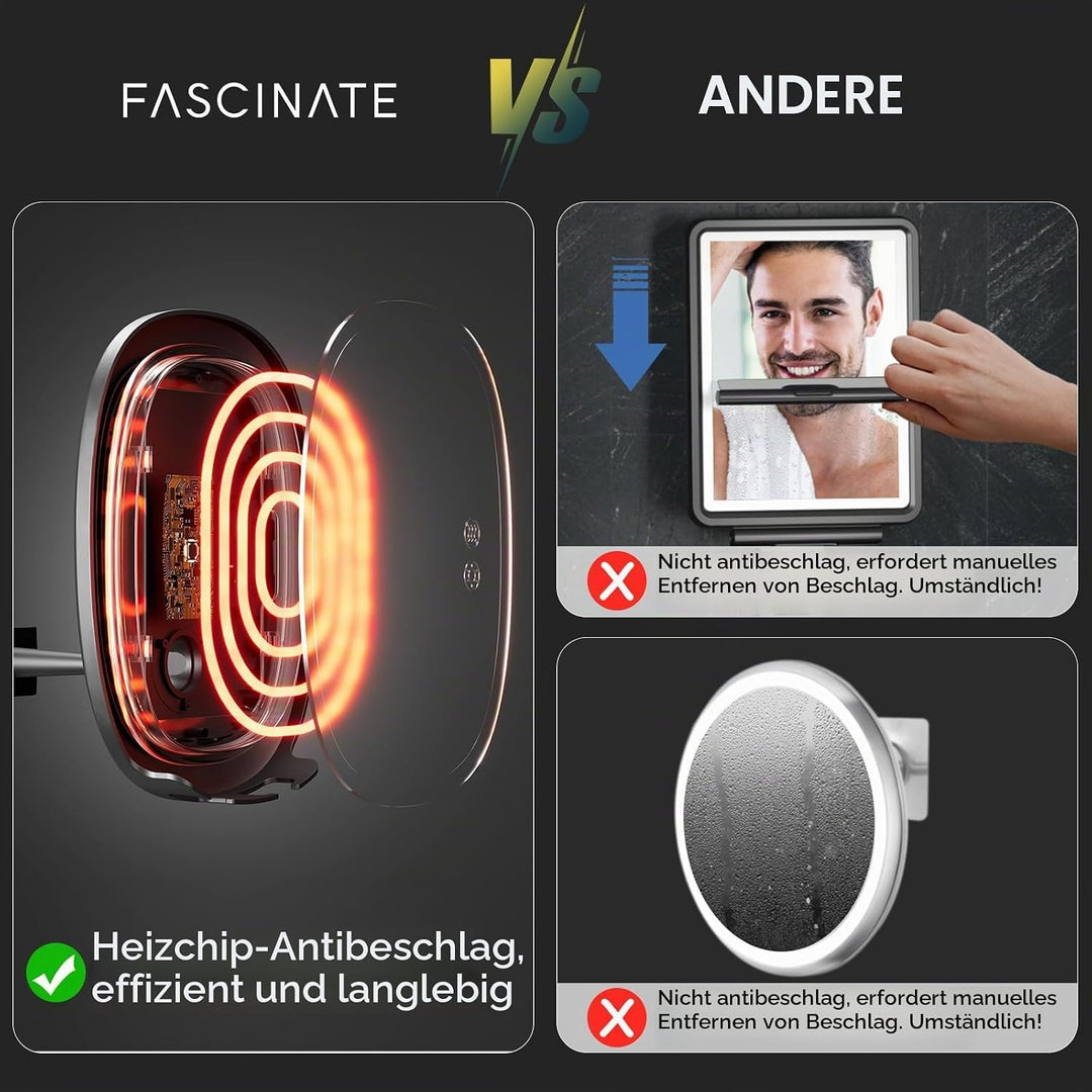 FASCINATE Rasierspiegel AntiBeschlag-Duschspiegel, 3 einstellbare Lichtfarben Schminkspiegel mit Ras