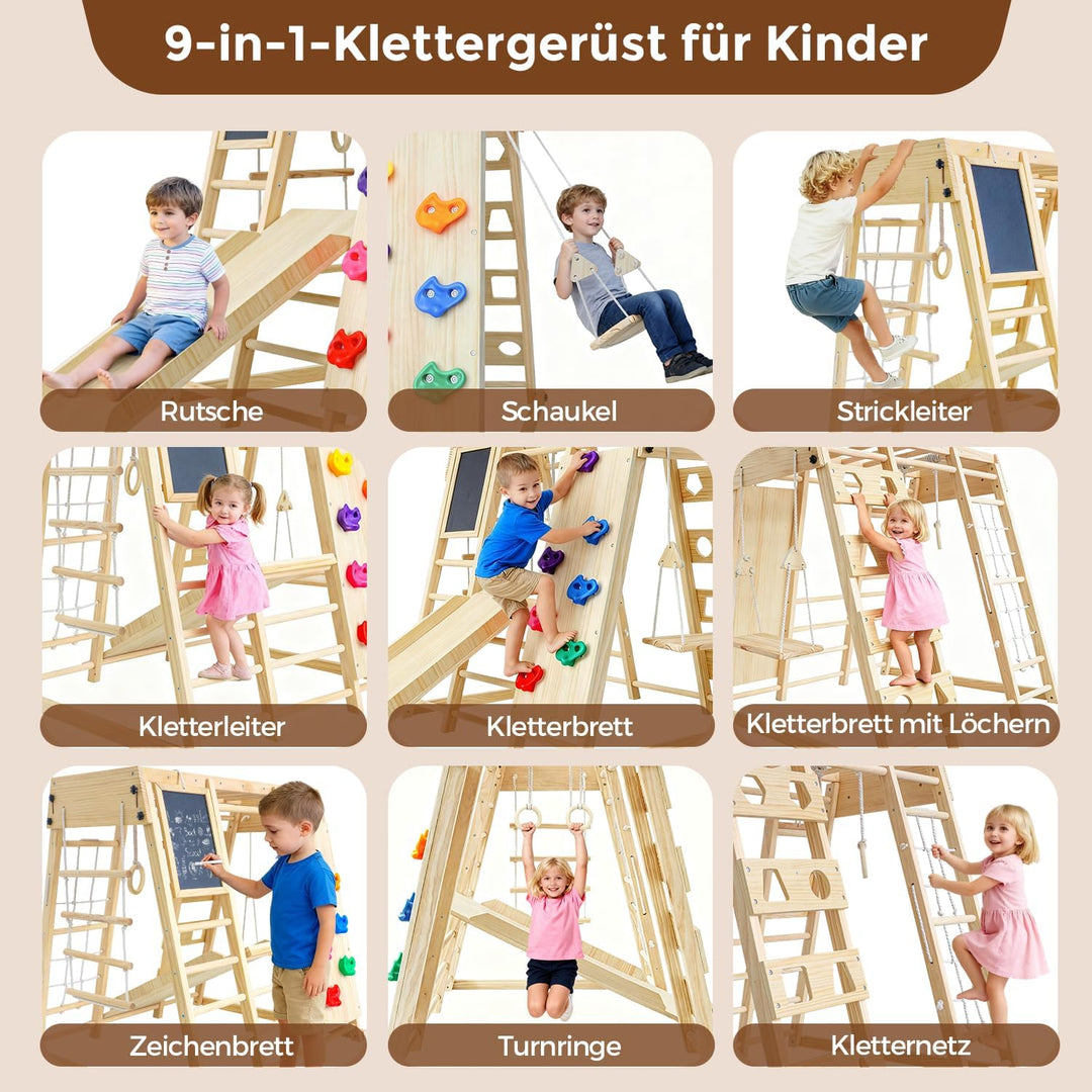 Maxi Klettergerüst Indoor ab 1 Jahr, Klappbares Montessori Klettergerüst aus Holz, 10 in 1 Indoor Sp