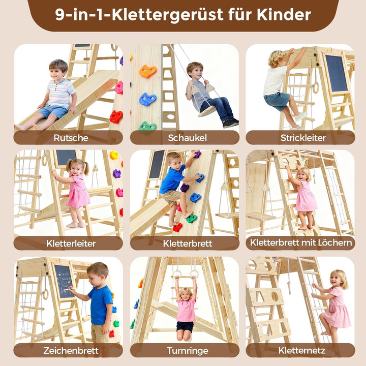 Maxi Klettergerüst Indoor ab 1 Jahr, Klappbares Montessori Klettergerüst aus Holz, 10 in 1 Indoor Sp
