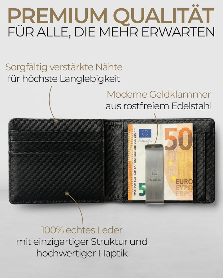 Lederhand® iSlim Wallet - Glattleder Geldbeutel mit Geldklammer und Münzfach, 9 Kartenfach Premium G