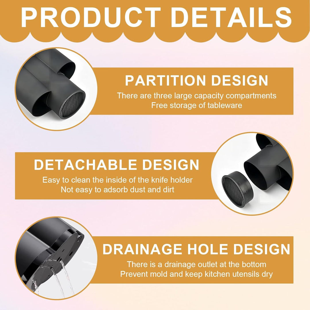 3 in 1 Messerblock Ohne Messer Schwarz Küchenutensilienhalter Messerhalter mit Schlitzen Knife Holde
