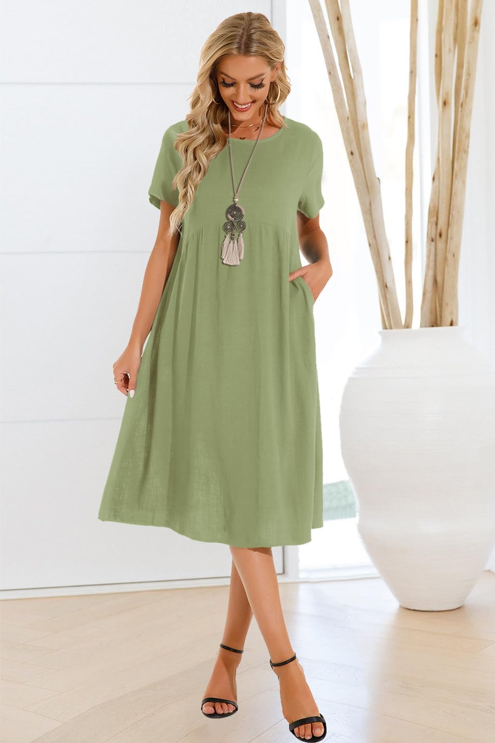 Sommerkleid Damen Leinen Kleider Casual V-Ausschnitt Midikleid Kurzarm A-Linie Kleid Strandkleid Ohn