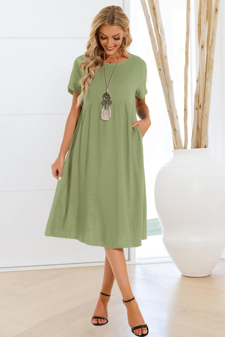 Sommerkleid Damen Leinen Kleider Casual V-Ausschnitt Midikleid Kurzarm A-Linie Kleid Strandkleid Ohn