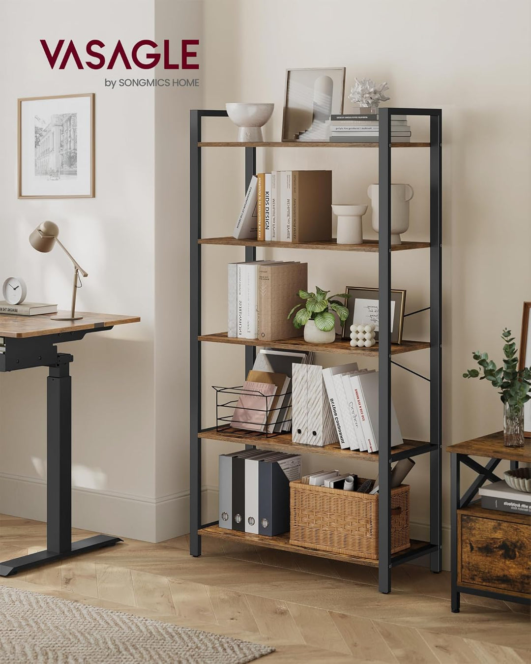 VASAGLE Regal, Bücherregal, Standregal, DVD-Regal, mit 5 Ebenen, Büroregal, offene Ablagen, für Büro