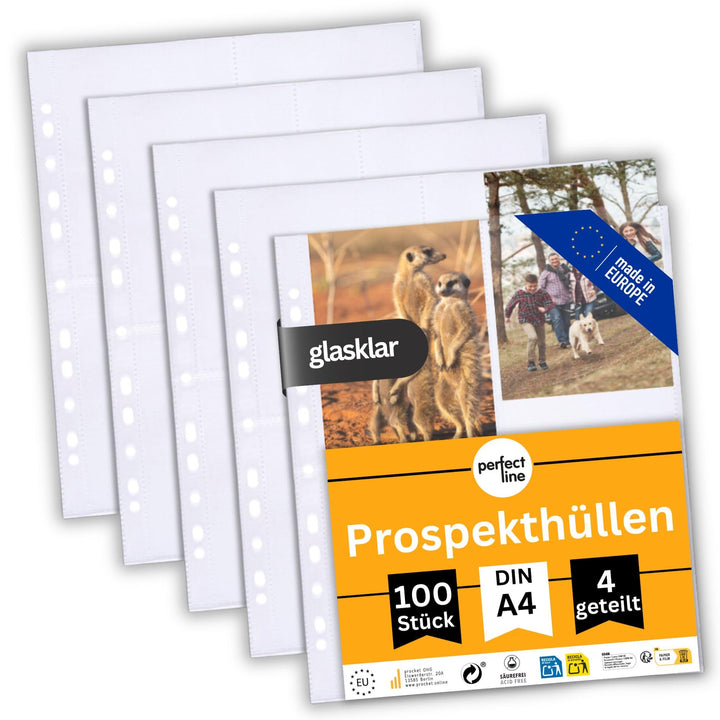 perfect line • 100 Sammelhüllen DIN-A4, 4-geteilt, Fotohüllen transparent, Prospekthüllen Glasklar,