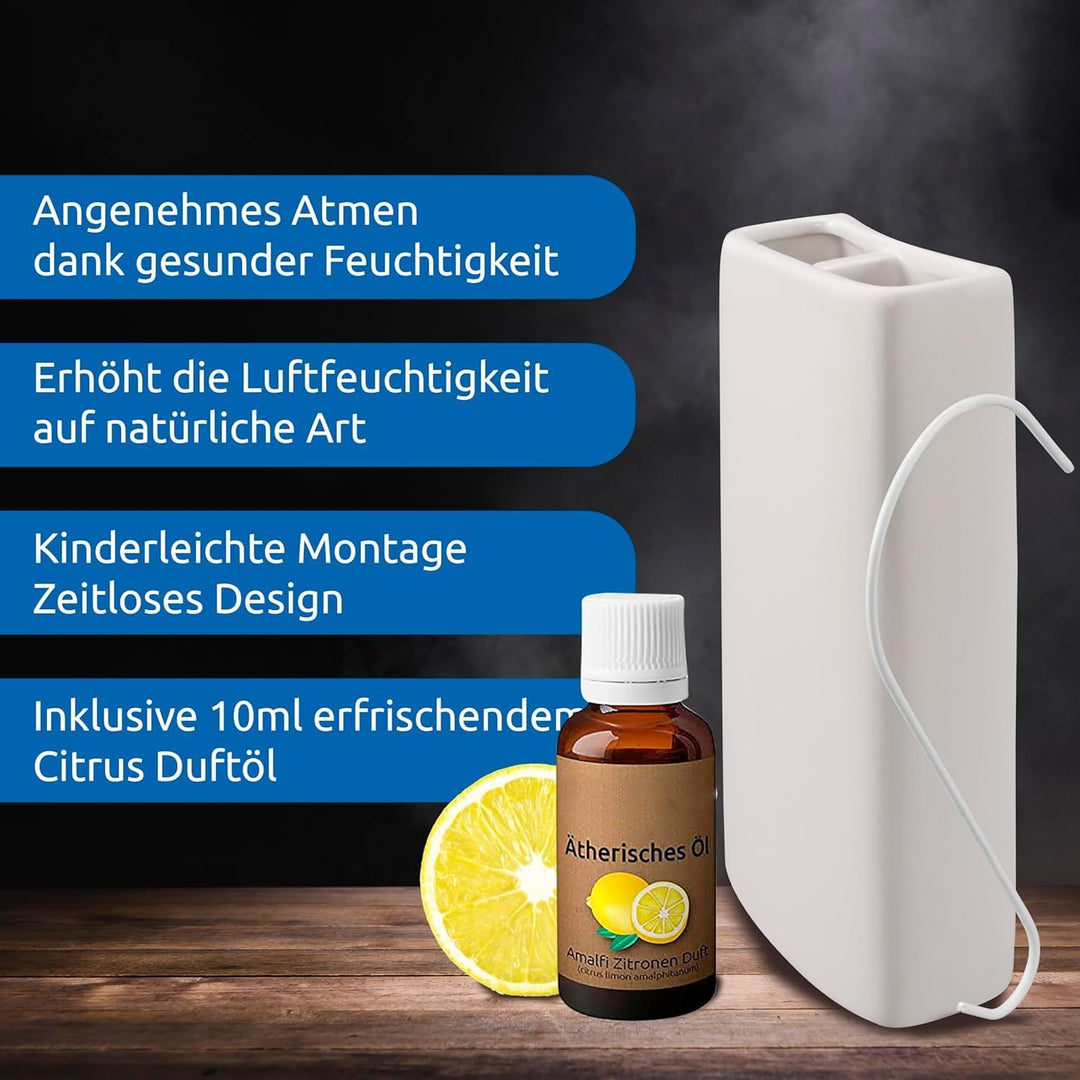 Luftbefeuchter Heizung Keramik Viereckig I Haken & Duftöl [4er Spar-Set, 400ml] I Wasserverdunster f