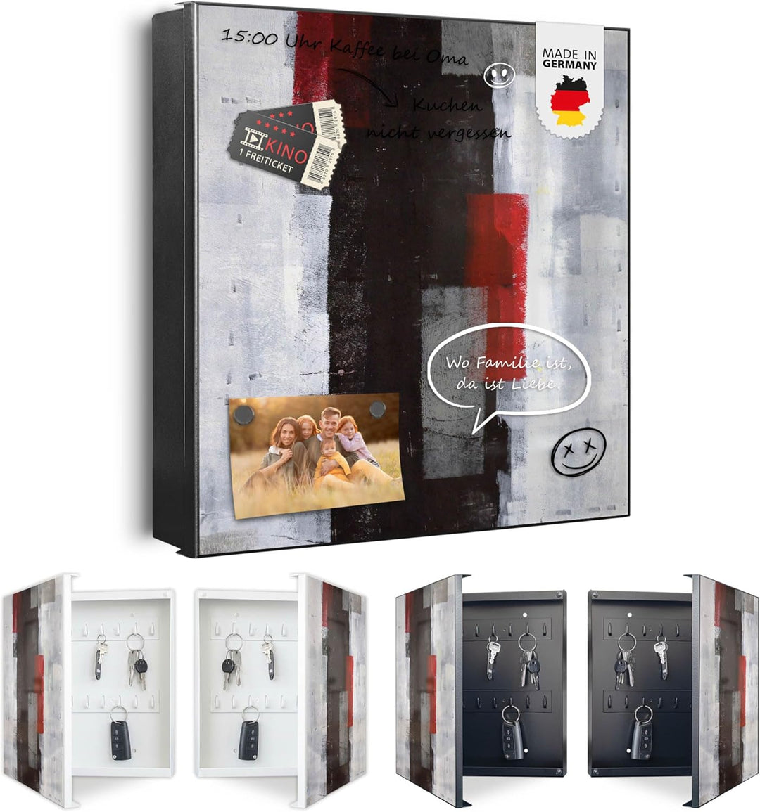 banjado® Grosser Schlüsselkasten Glas/Schlüsselbox 30cm x 30cm mit 50 Haken - Motiv Abstrakt Rot/Sch