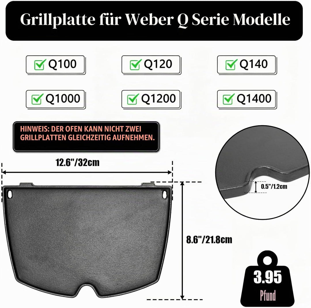 6558 Gusseisen Grillplatte für Weber Q100 Q120 Q1000 Q1200 Series, 32 x 22cm Gusseisen Griddle Ersat