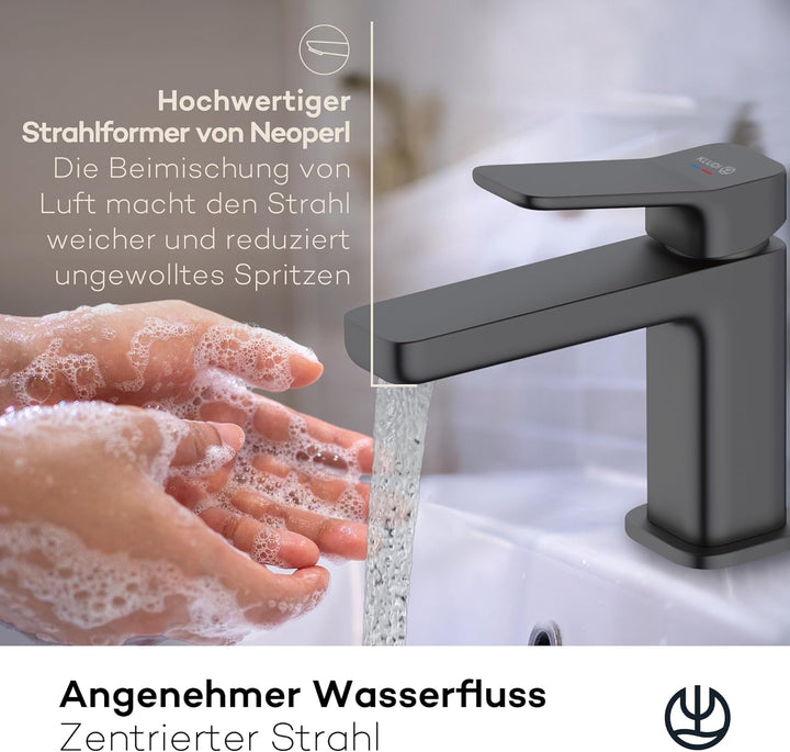 KLUDI-X3 Waschtischarmatur, Auslaufhöhe 85 mm, wassersparender Wasserhahn Bad Schwarz Matt Grösse S,
