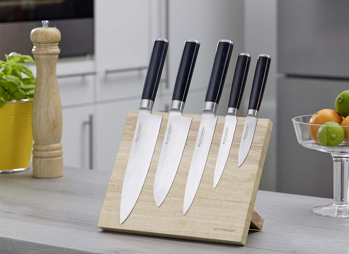 Echtwerk Damastmesser Set 5tlg. inkl. Magnet- Messerblock aus Holz , Silber, 22 x 13 x 36 cm Griff -