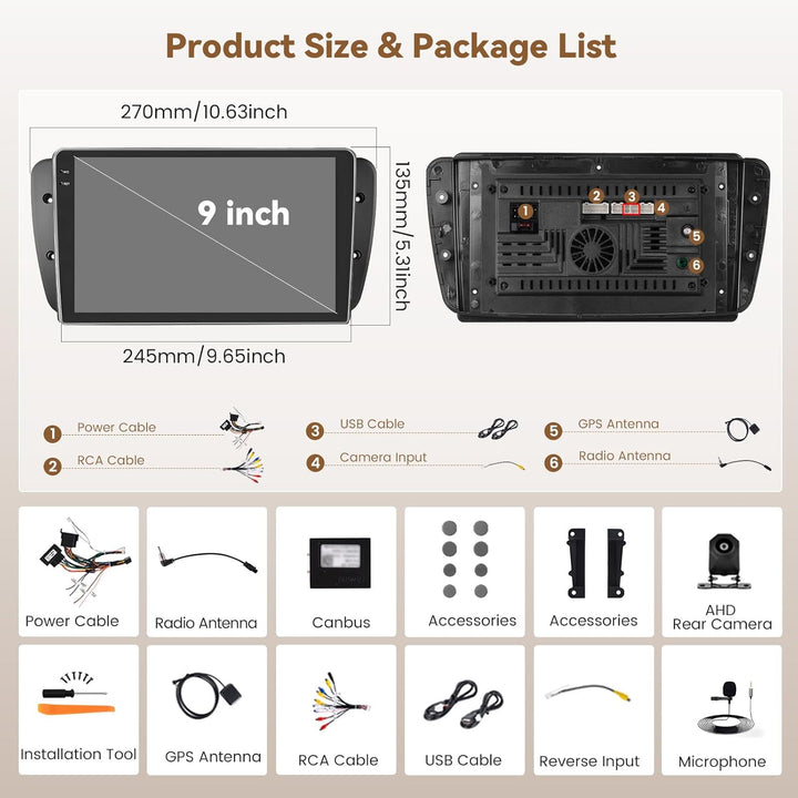 Hikity Android 15 4+64G Autoradio für Seat Ibiza 6J 2009-2014 mit 9 Zoll Incell Touchscreen, Autorad