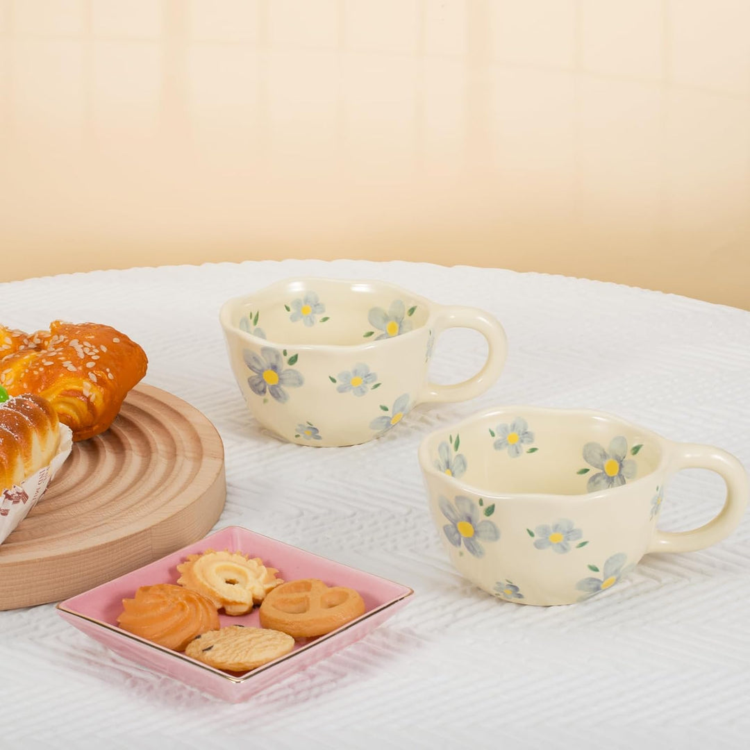 Koythin 2 Stück Kaffeebecher Porzellan, Kreative und Niedliche Blume Kaffeetasse für Büro und Zuhaus