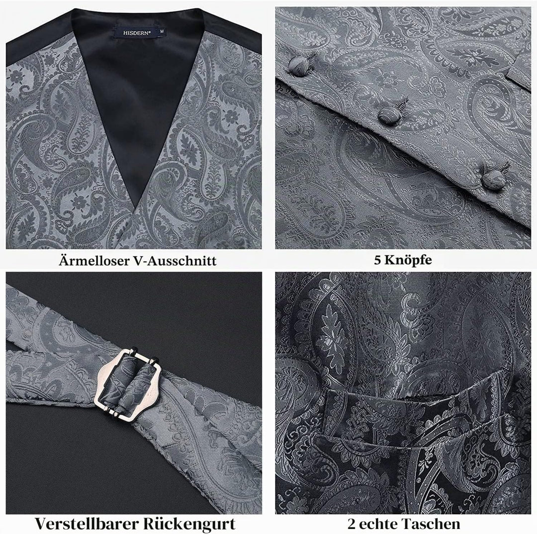 HISDERN Herren Weste Paisley Floral Jacquard Krawatte Einstecktuch Taschentuch Weste Anzug Set XS Gr