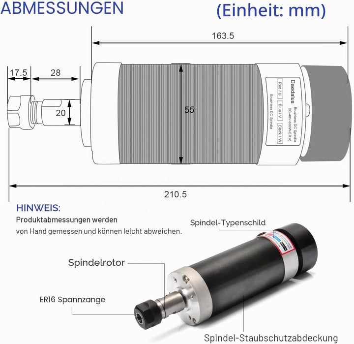 Daedalus CNC Bürstenloser Spindelmotor Kit, 600w, ER16, 48V DC, 9000RPM ER16 600 W Er16-Kit, ER16 60