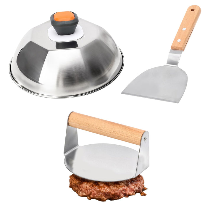Burgerpresse Set 3-TLG, Edelstahl Burger Smasher, Schmelzkuppel, Grillspachtel, Professionelles Leck