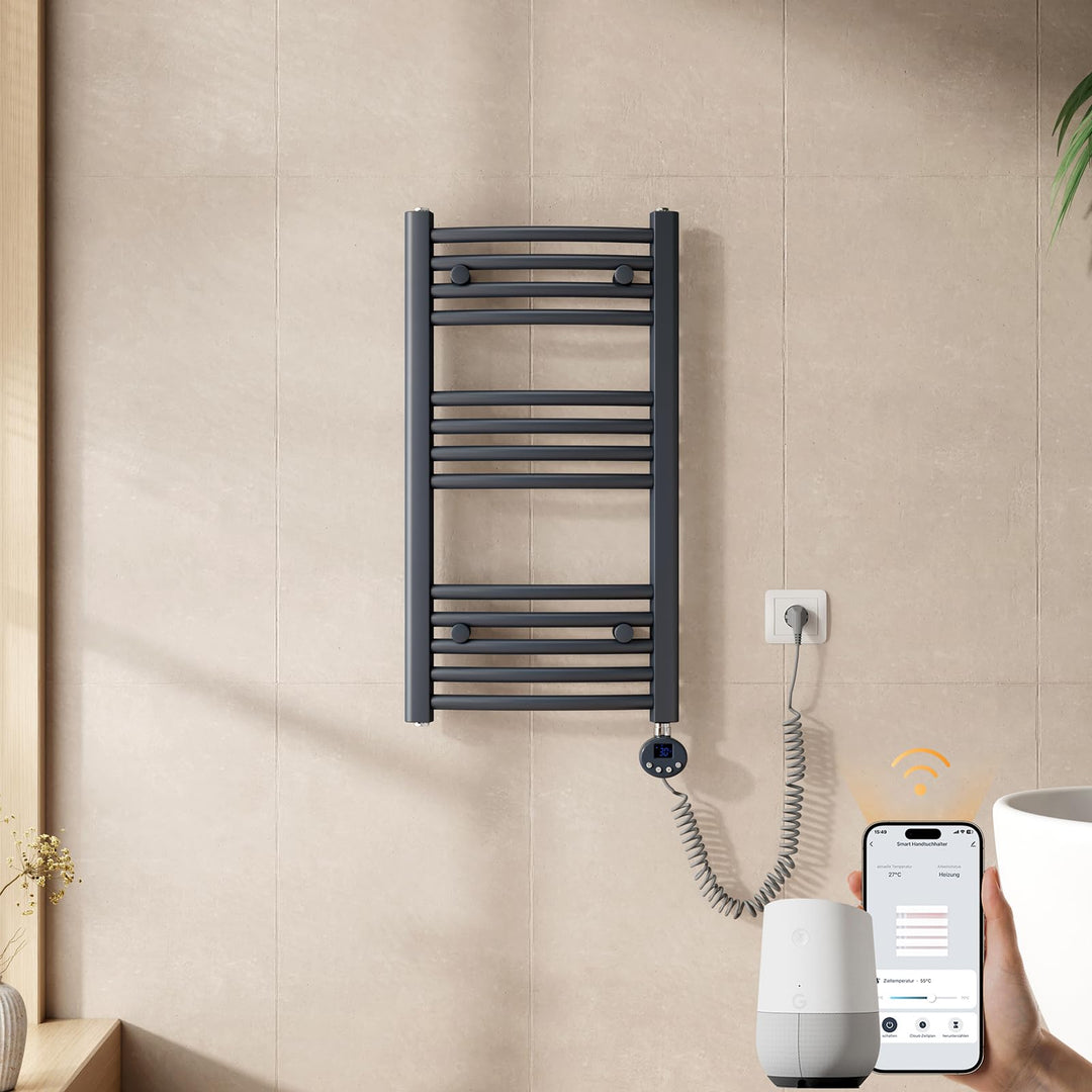EMKE WiFi Handtuchheizkörper Elektrisch 750x400 mm, Gebogen Badheizkörper Elektrisch, Elektrischer H