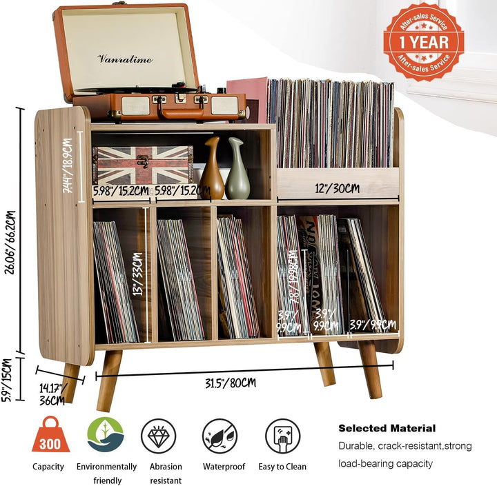 Plattenspielertisch, Plattenspielerständer aus der Mitte des Jahrhunderts mit Vinylaufbewahrung für