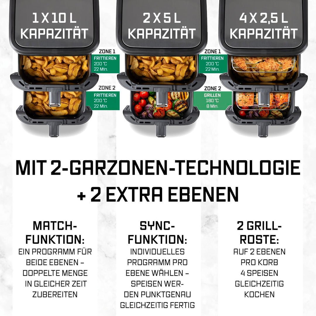 GOURMETmaxx FryUp Vertikale Doppelkammer Heissluftfritteuse | Airfryer 10 Liter | 4 Speisen auf 4 Eb