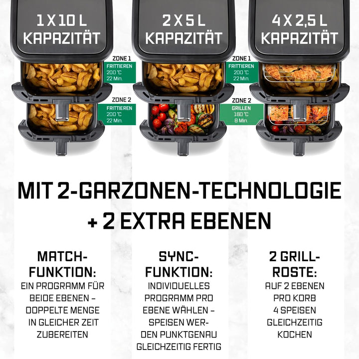 GOURMETmaxx FryUp Vertikale Doppelkammer Heissluftfritteuse | Airfryer 10 Liter | 4 Speisen auf 4 Eb
